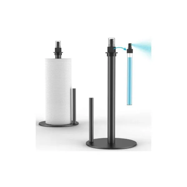 Sky-key Paper Towel Holder with Spray Bottle Center, One-Handed Operation 2 in 1 Paper Towel Holder with Tension Arm and Non Slip Weighted Base, Countertop - Black